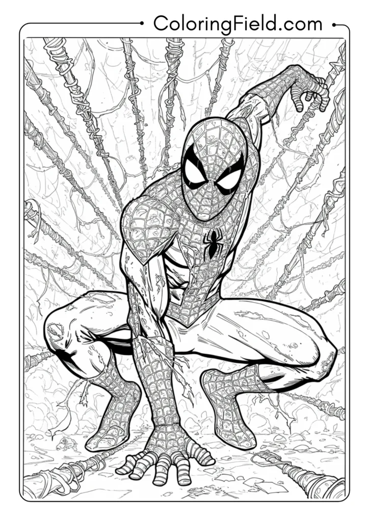 A battle-damaged Spider-Man