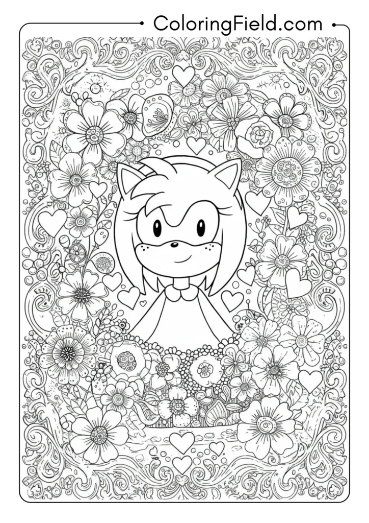 Amy surrounded by flowers and hearts, decorative border design