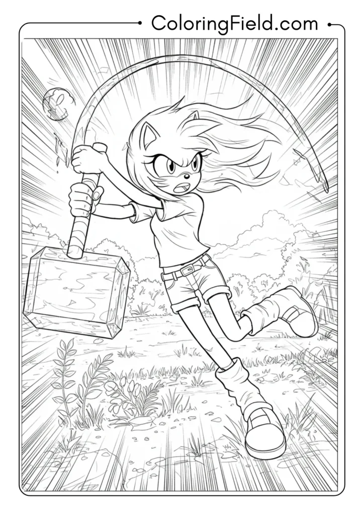 Amy swinging her hammer, action scene
