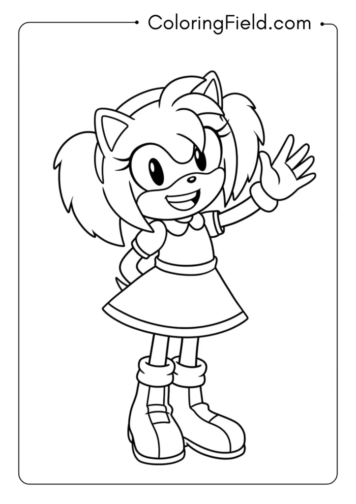 Amy waving with a big smile, welcoming pose