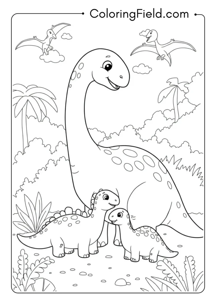 Cartoon dinosaur family portrait with parent and child versions of the same species