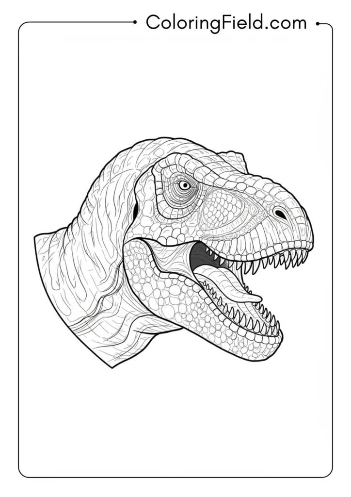 Close-up profile view of a T-Rex head with detailed scales