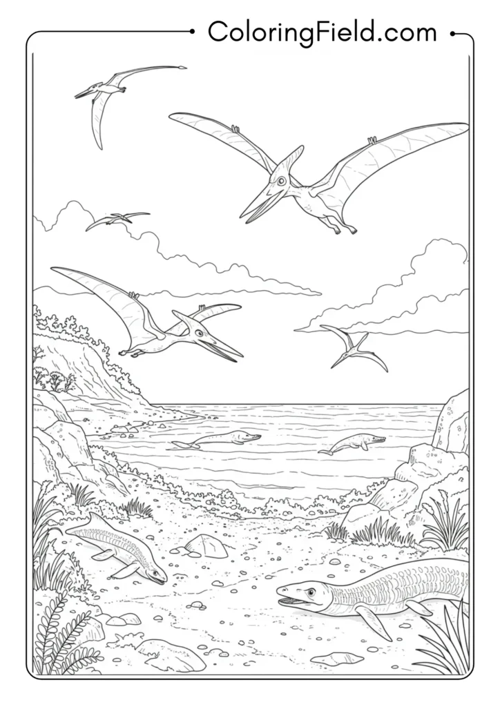 Cretaceous coastal scene with flying Pterosaurs overhead