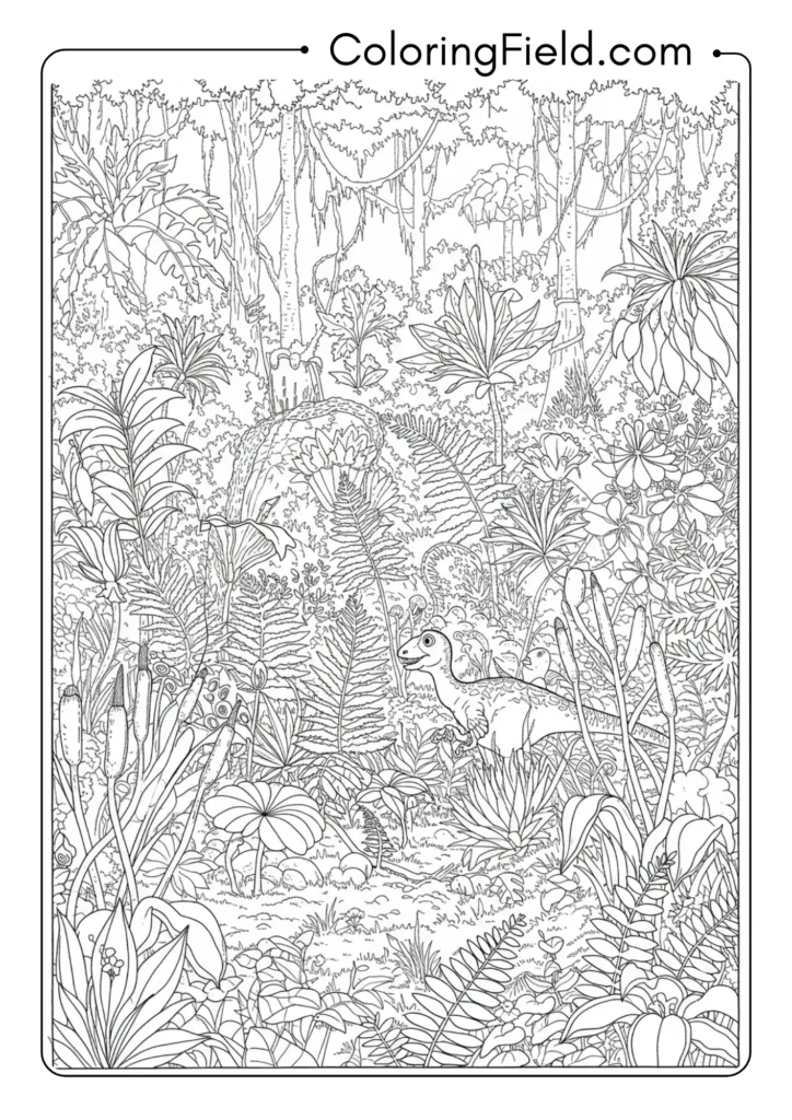 Dense prehistoric jungle undergrowth from ground level perspective