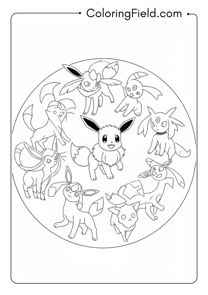 Eevee with its evolutions in a circle