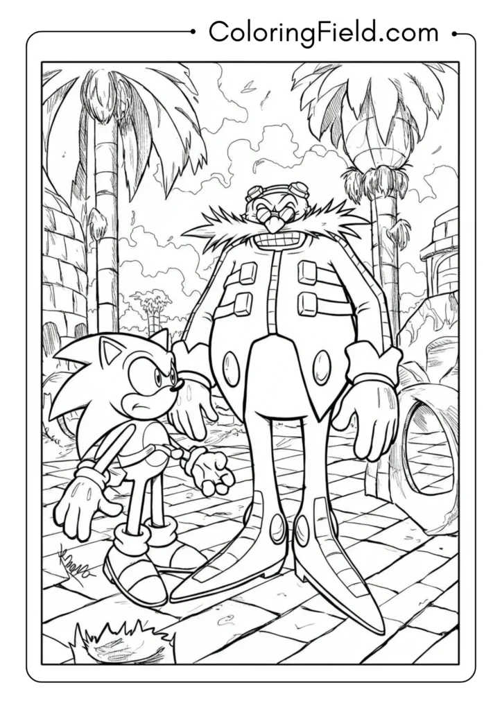Eggman looking defeated after Sonic wins, comical scene