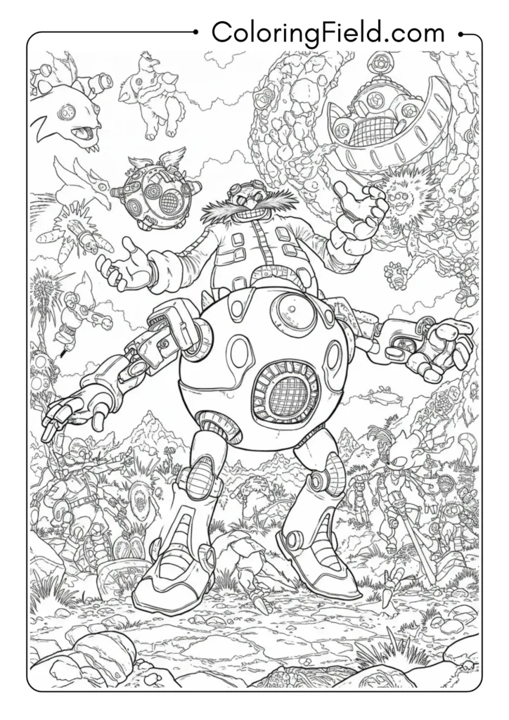 Eggman riding in a larger mech suit, battle scene