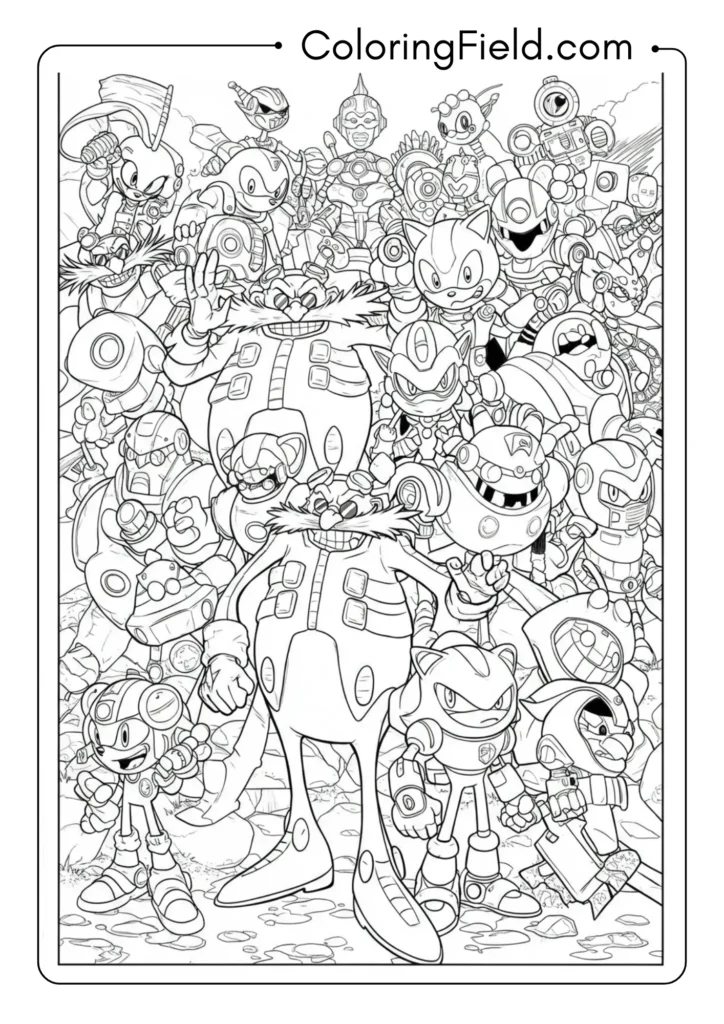 Eggman surrounded by his robot army, group scene