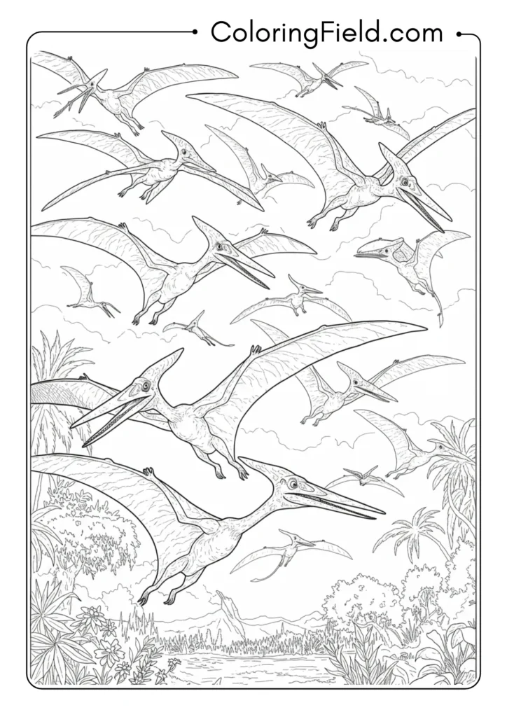 Group of Pterodactyls in flight at various distances creating depth
