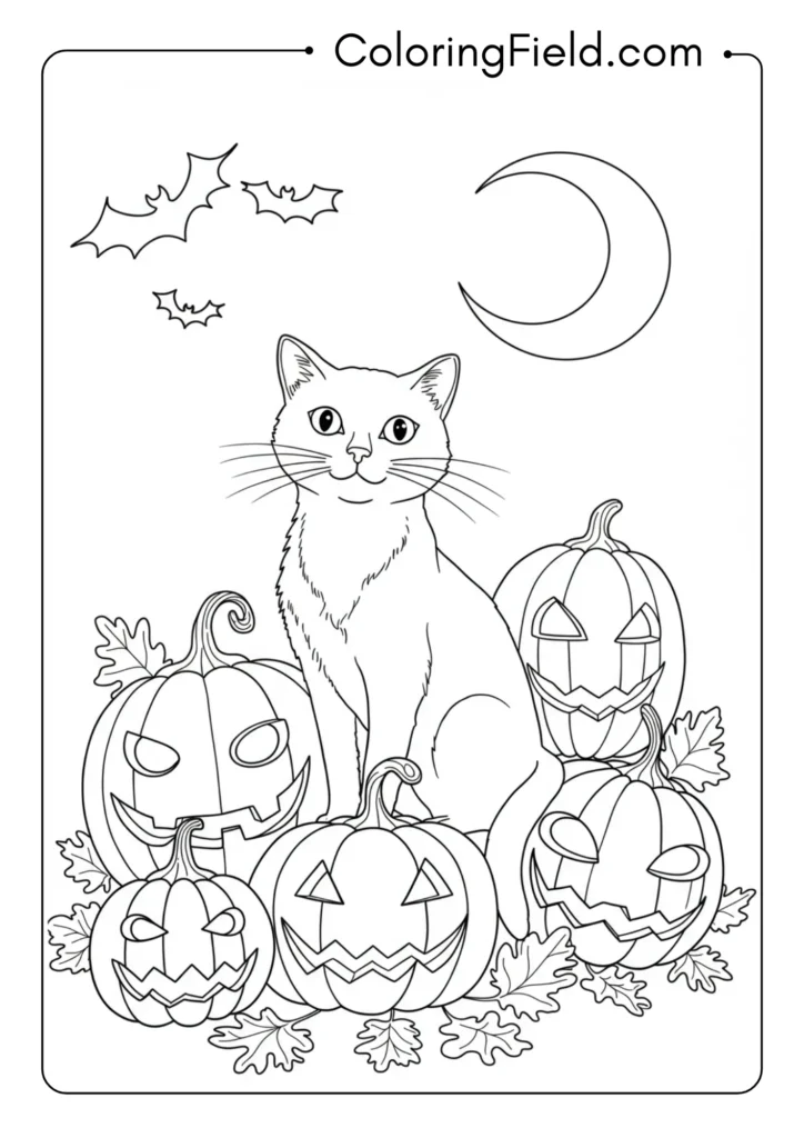 Halloween Cat with Pumpkins
