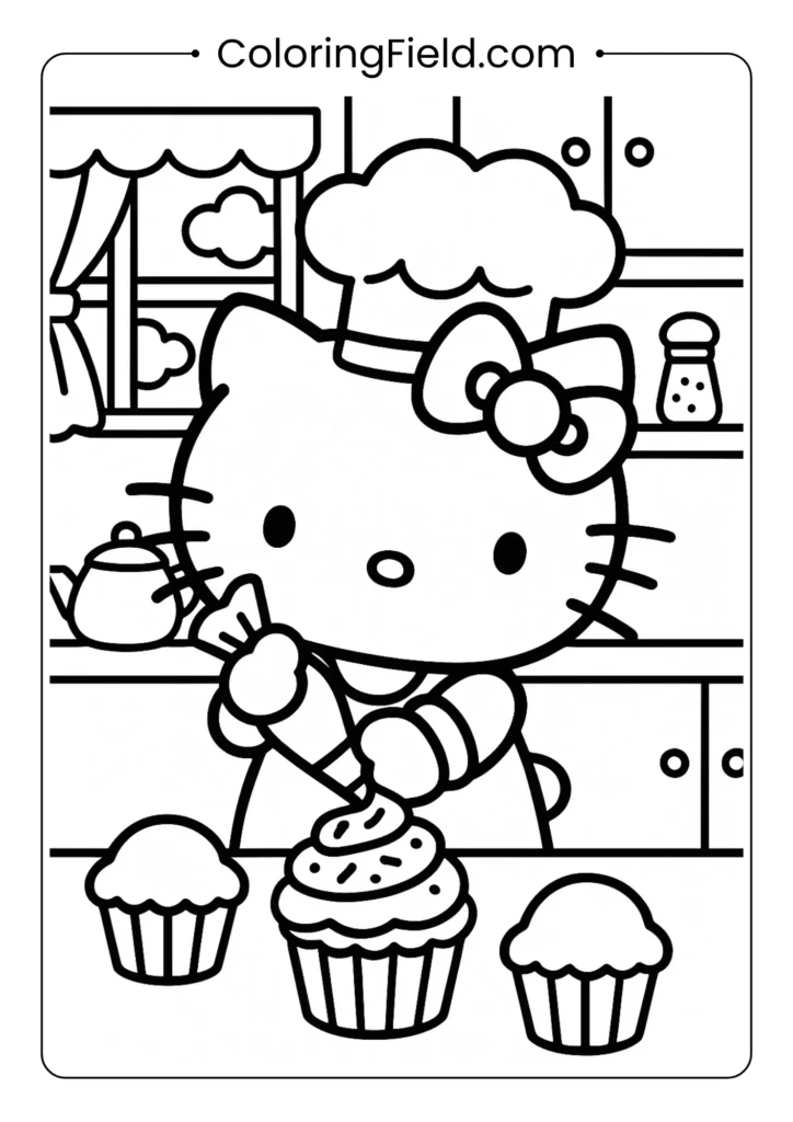 Hello Kitty, in a chef's hat, joyfully decorates a fresh cupcake with frosting and sprinkles in her cozy kitchen.