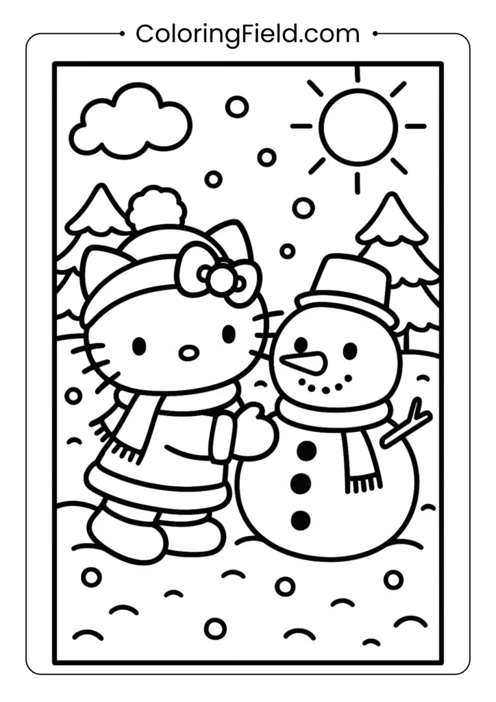 Hello Kitty, dressed in winter clothes, playfully builds a friendly snowman in a snowy, outdoor scene.