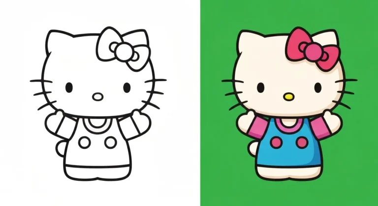 Hello Kitty coloring page with a black-and-white outline on the left and a fully colored version on the right, featuring a pink bow, blue dress with pink details, and green background.