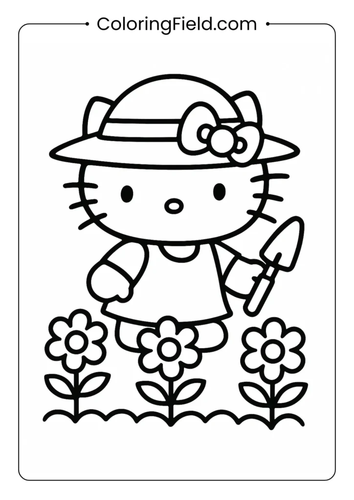 Hello Kitty, wearing a sun hat and holding a small shovel, tends to a row of cheerful, blooming flowers in her garden.