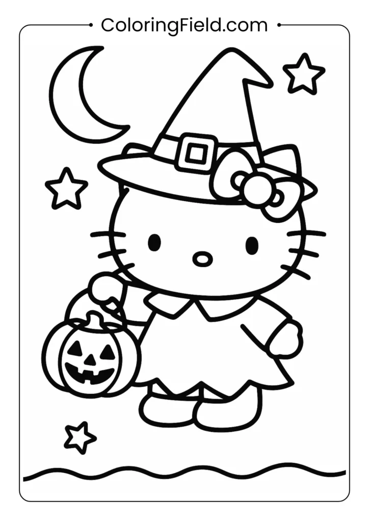 Hello Kitty, wearing a cute witch costume and hat, holds a jack-o'-lantern treat bucket, ready for Halloween fun.