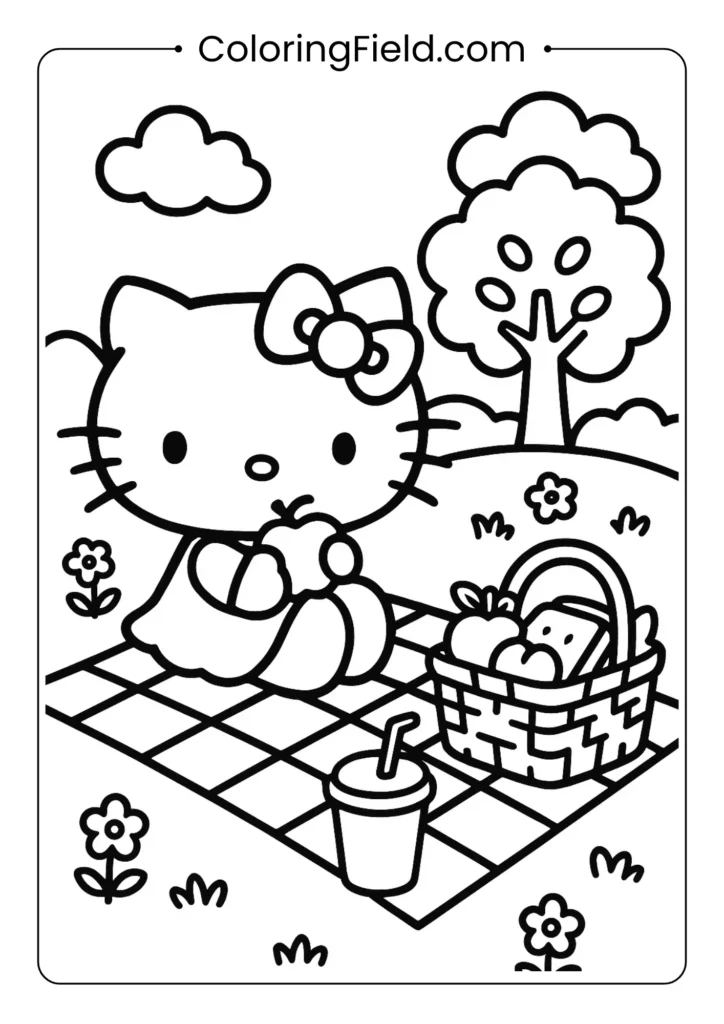 Hello Kitty enjoys a lovely picnic, sitting on a blanket with a basket of snacks and a drink outdoors.