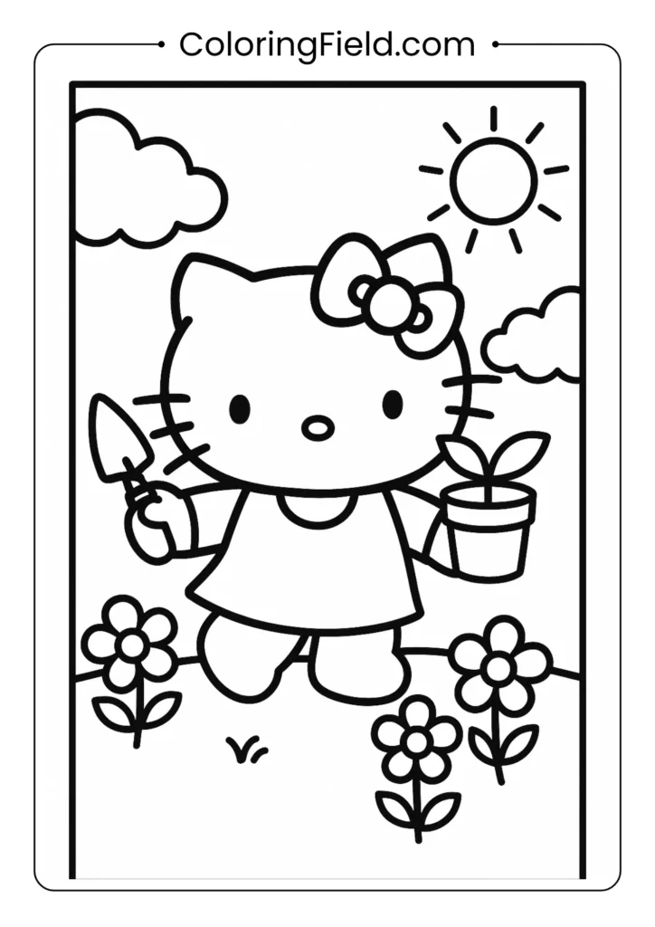 Hello Kitty carefully plants new flowers in her garden, holding a small pot and a trowel on a bright spring day.