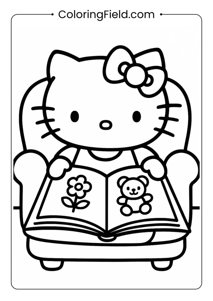 Hello Kitty sits comfortably, deeply engaged in reading a large, open picture book filled with drawings.