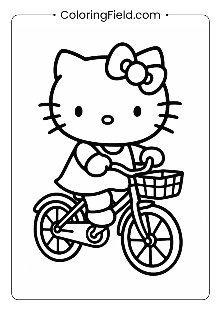 Hello Kitty happily rides her vintage-style bicycle, complete with a small basket on the handlebars.