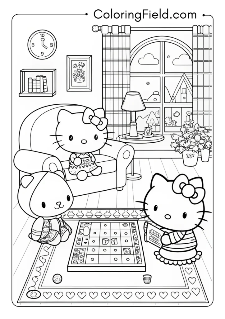 Hello Kitty and friends playing board games in a cozy living room