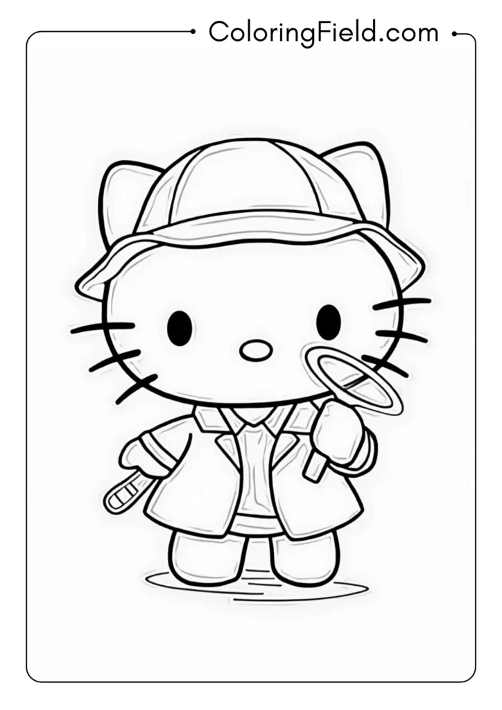 Hello Kitty as a detective solving a mystery with clue-filled background 