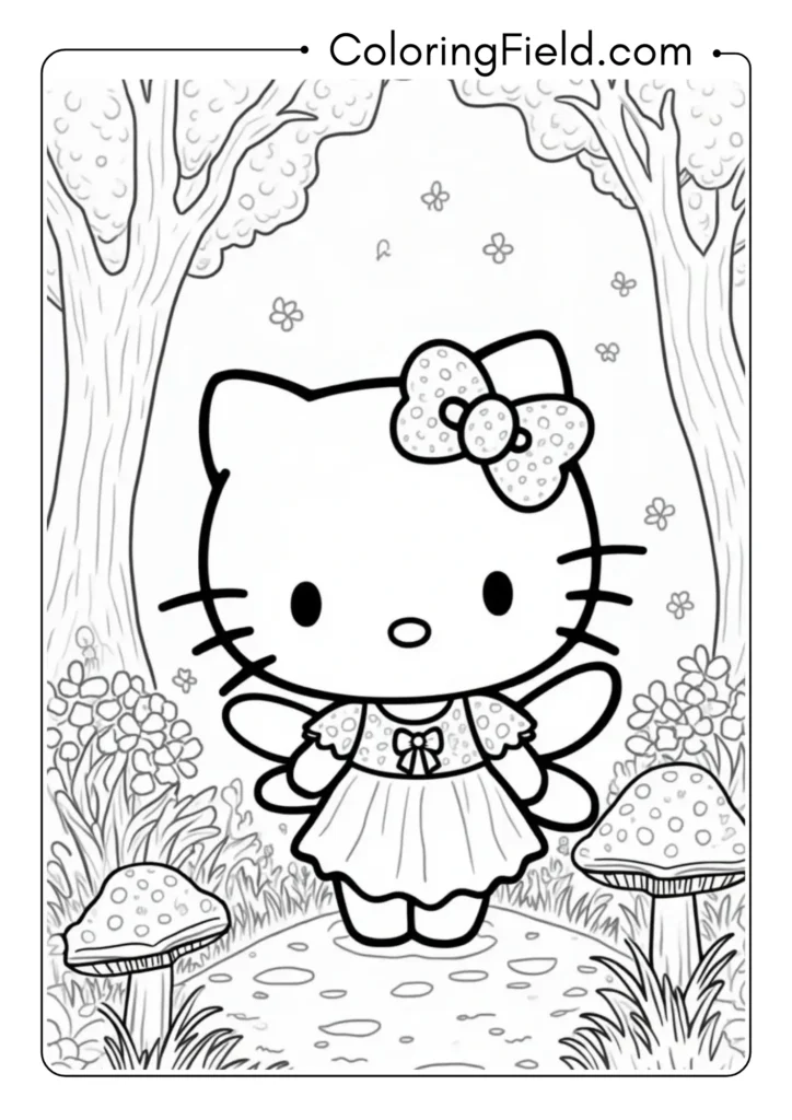 Hello Kitty as a fairy princess in an enchanted forest with magical mushrooms and sparkling fireflies