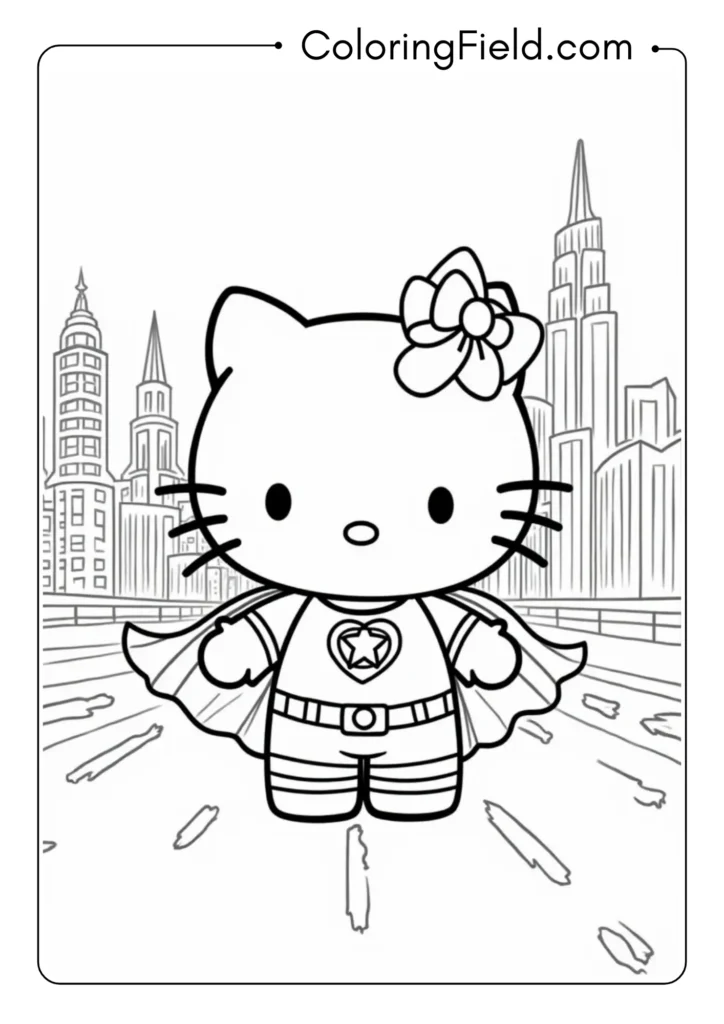 Hello Kitty as a superhero with an elaborate cityscape background 