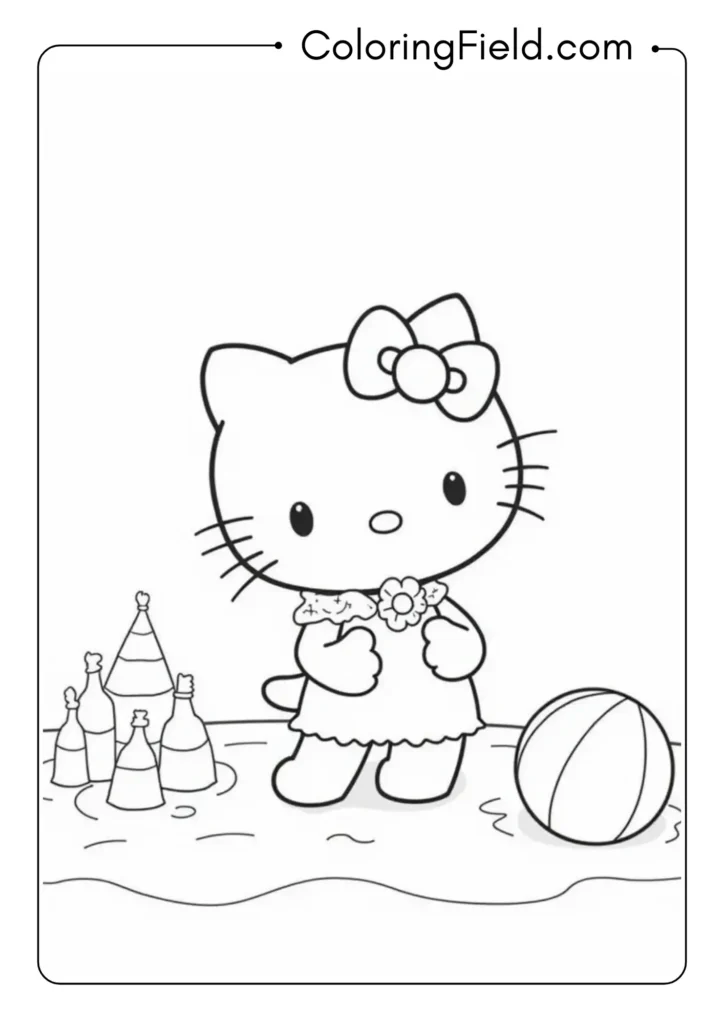 Hello Kitty at a summer beach party with sandcastles, beach balls, and tropical decorations