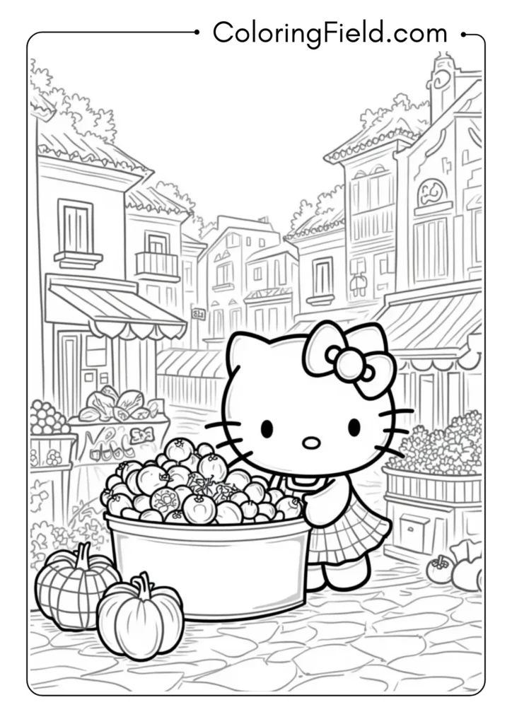 Hello Kitty at an Italian market with fruits, vegetables, and vintage architecture 
