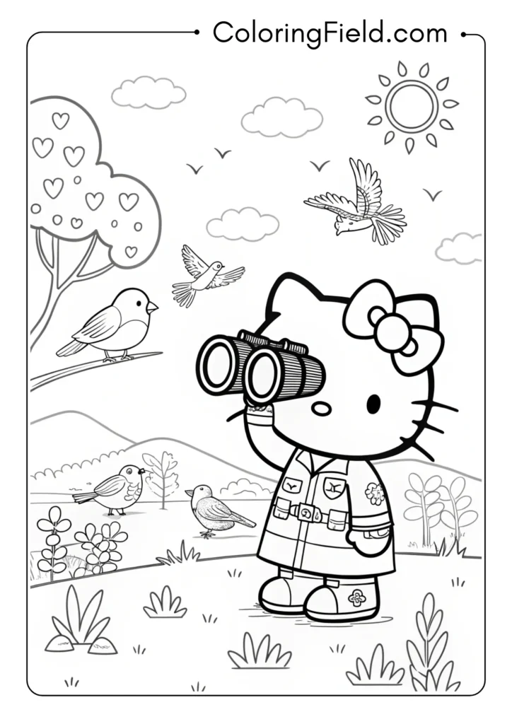 Hello Kitty bird watching with binoculars, bird guide, and diverse bird species