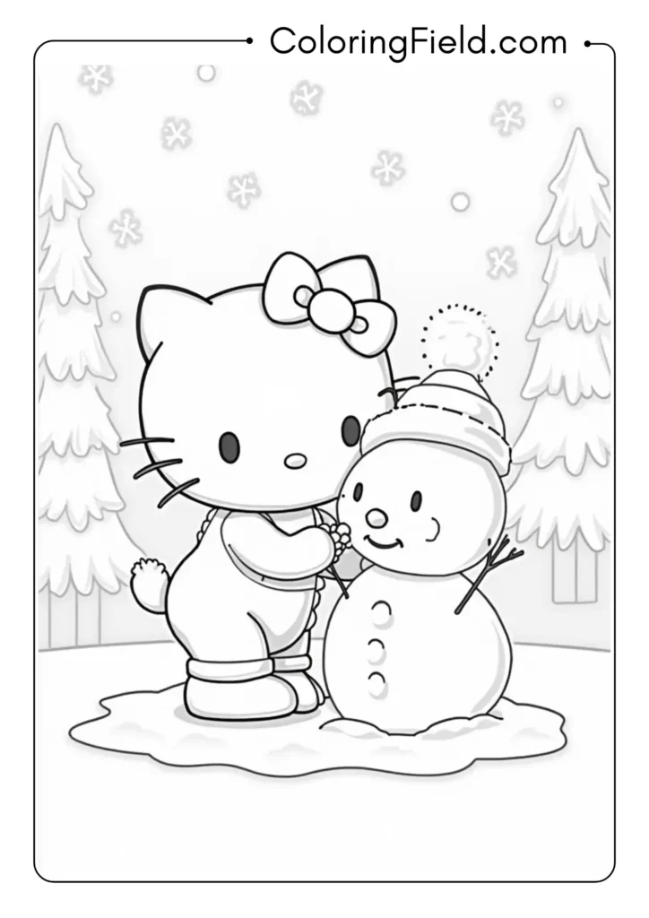 Hello Kitty building a snowman during a winter wonderland scene with falling snowflakes and pine trees