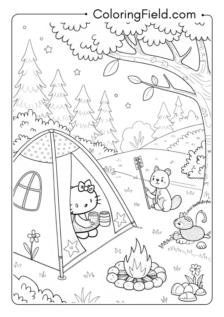 Hello Kitty camping in a forest with a detailed tent, campfire, and woodland animals