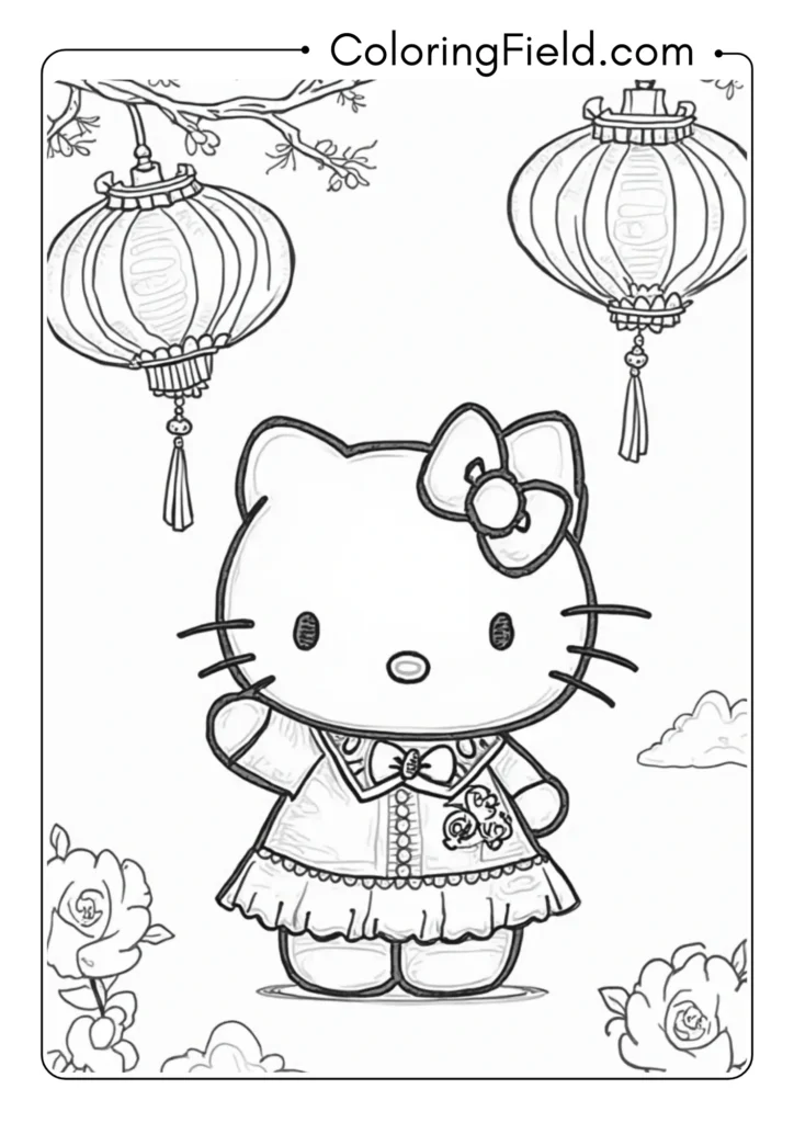 Hello Kitty celebrating Chinese New Year with traditional decorations 