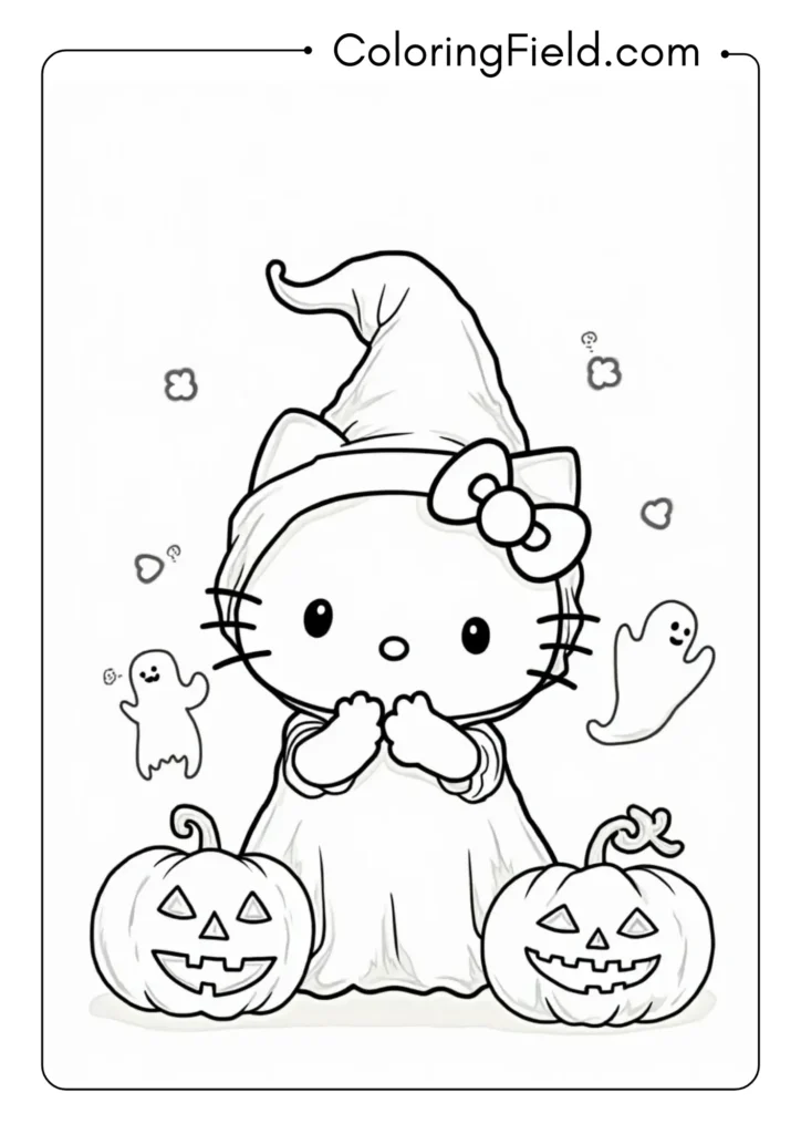 Hello Kitty celebrating Halloween in a whimsical costume with jack-o-lanterns and friendly ghosts