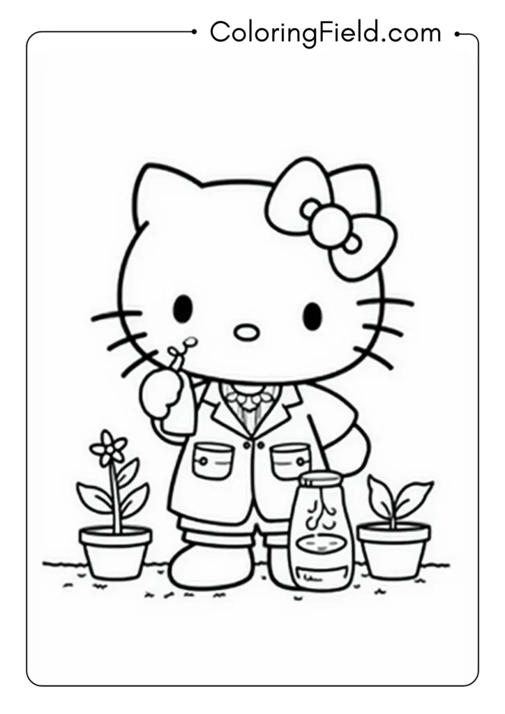 Hello Kitty conducting a botanical research experiment 