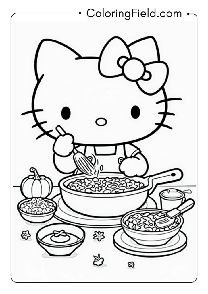 Hello Kitty cooking an elaborate meal with multiple ingredients and kitchen tools
