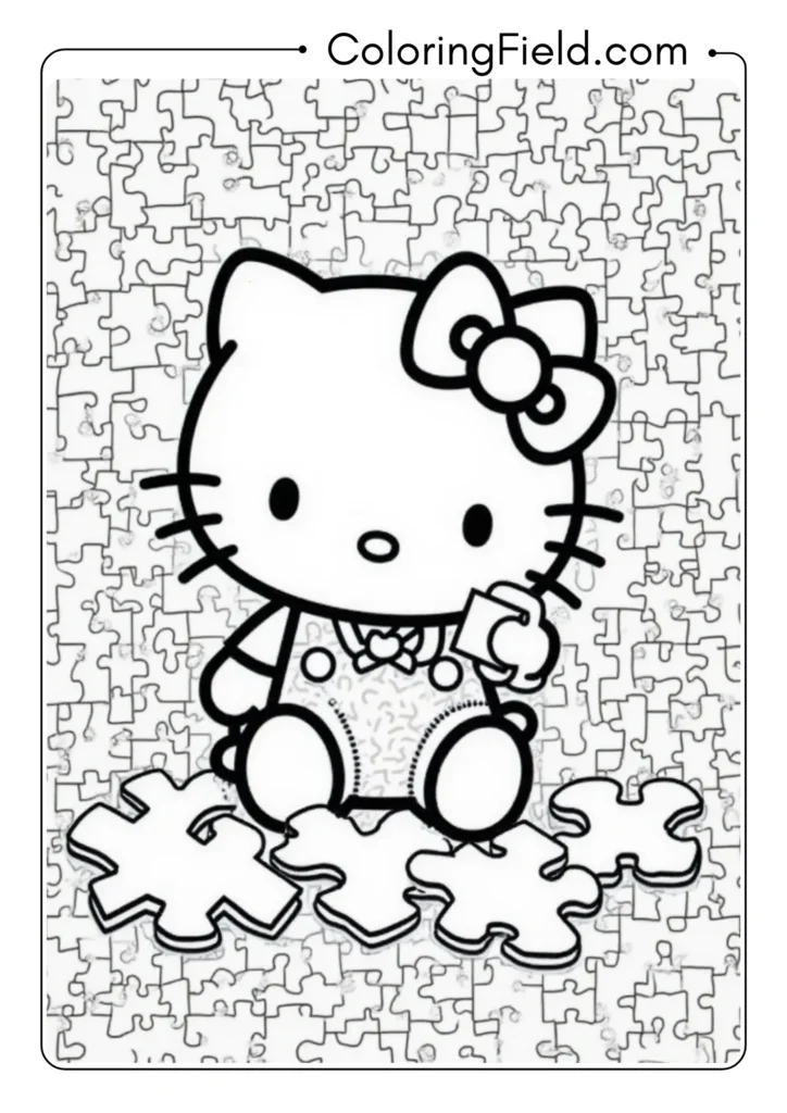 Hello Kitty creating a complex puzzle with interesting background details 