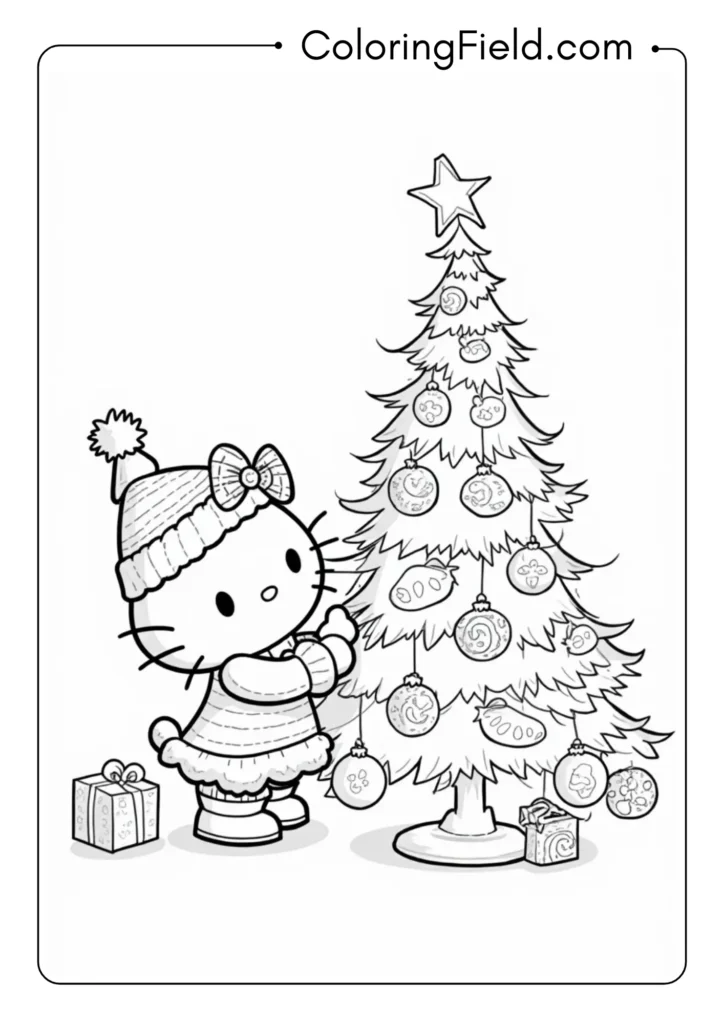 Hello Kitty decorating a Christmas tree with elaborate ornaments 