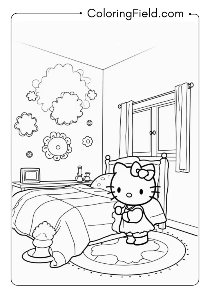 Hello Kitty decorating her bedroom with intricate wall designs and furniture 