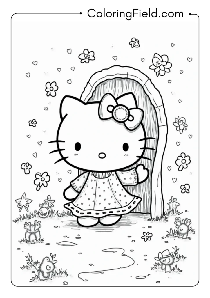 Hello Kitty discovering a hidden magical door to another dimension 