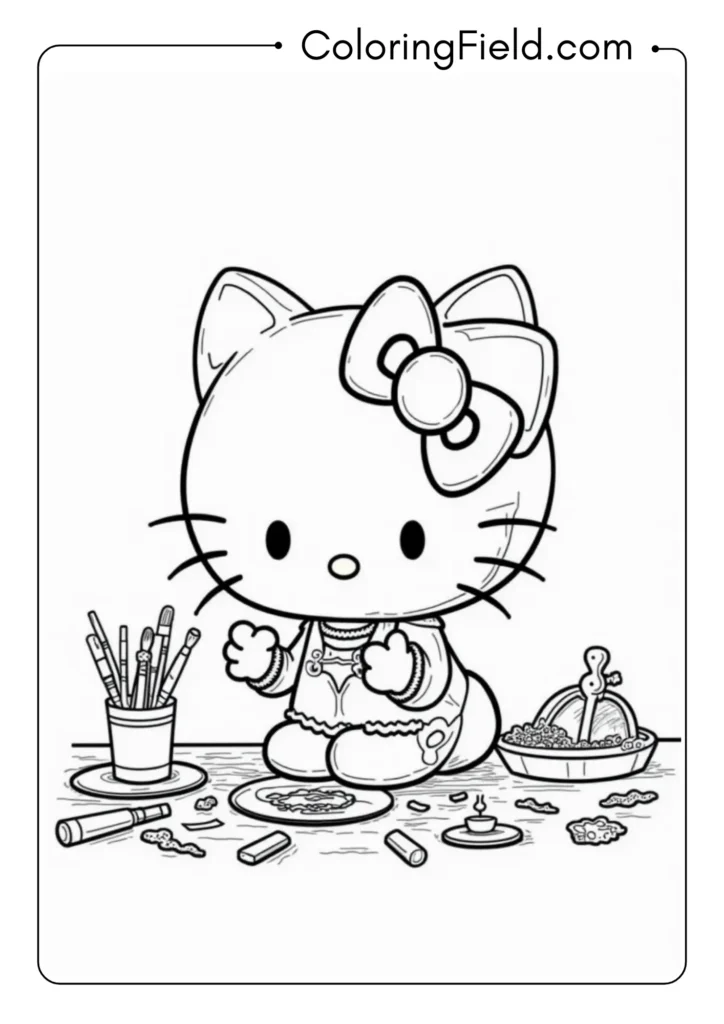 Hello Kitty doing a complex craft project with multiple art supplies 