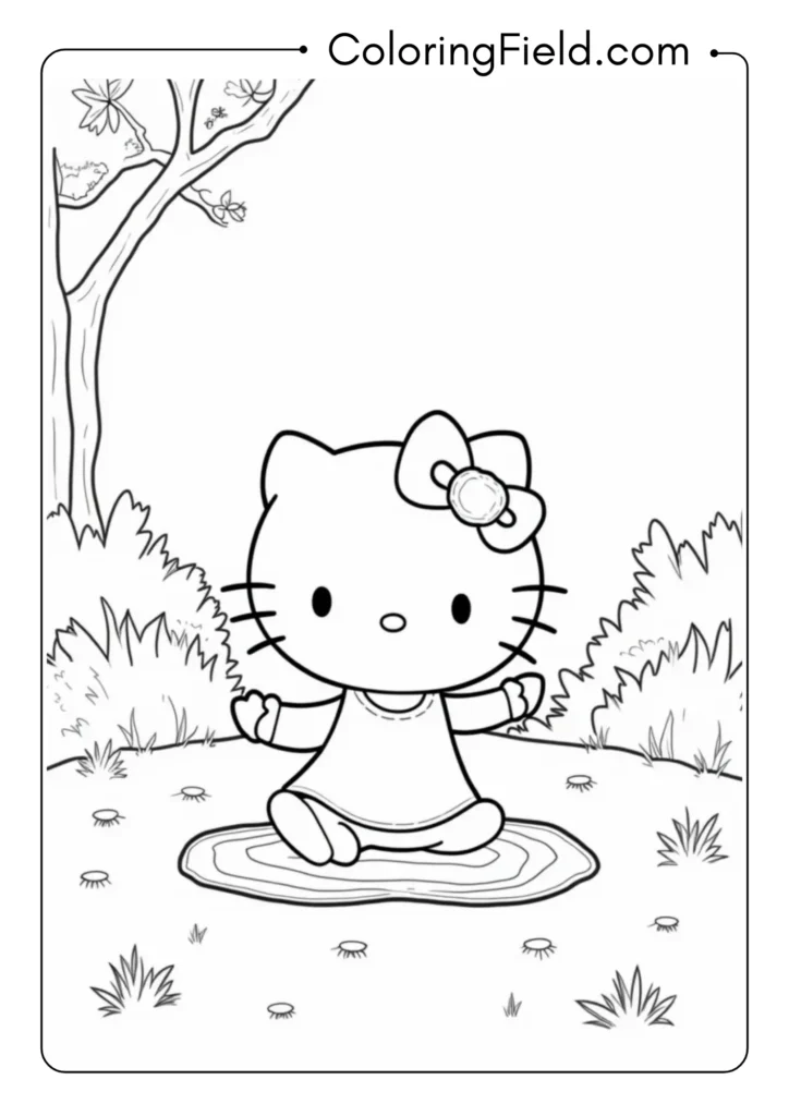 Hello Kitty doing yoga in a serene garden with various pose positions 