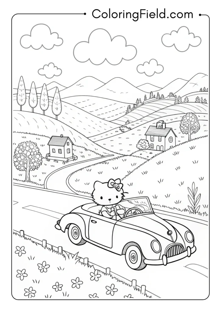 Hello Kitty driving a vintage convertible through a scenic countryside