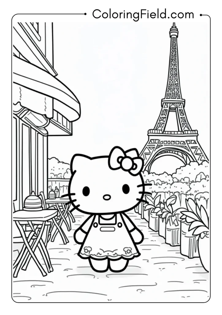 Hello Kitty exploring Paris with the Eiffel Tower and French café in the background 