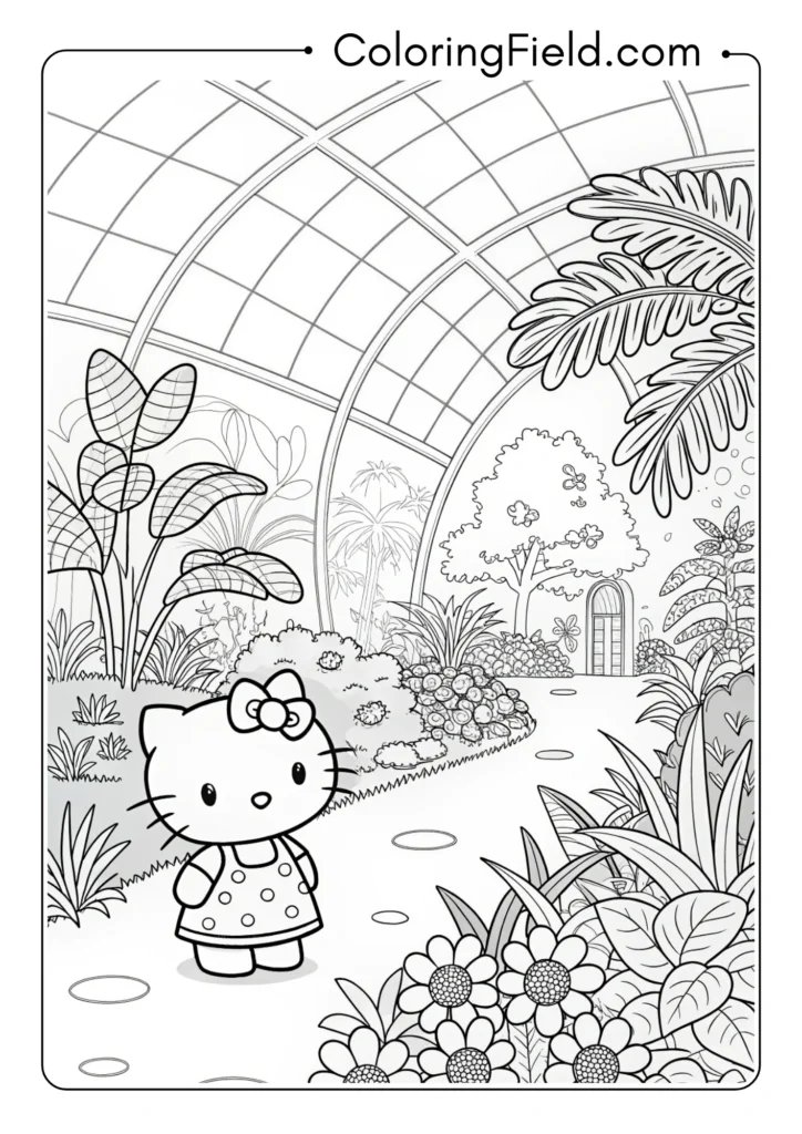 Hello Kitty exploring a botanical garden with exotic plants and flowers