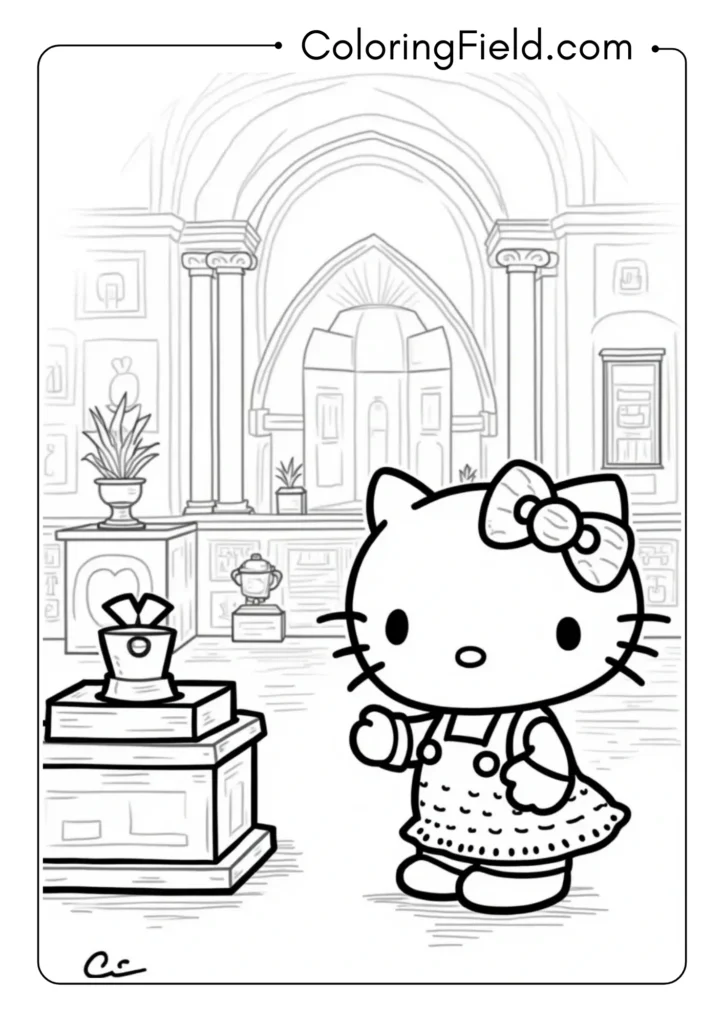 Hello Kitty exploring a historical museum with artifact displays 