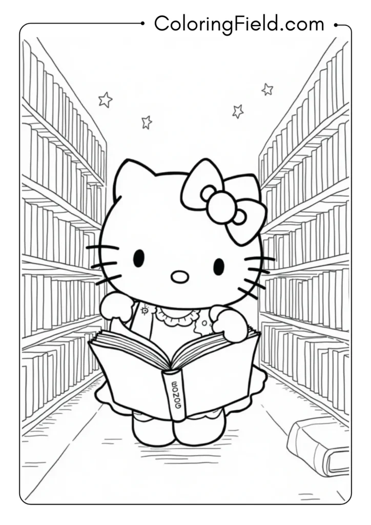 Hello Kitty exploring a library with magical, living books 