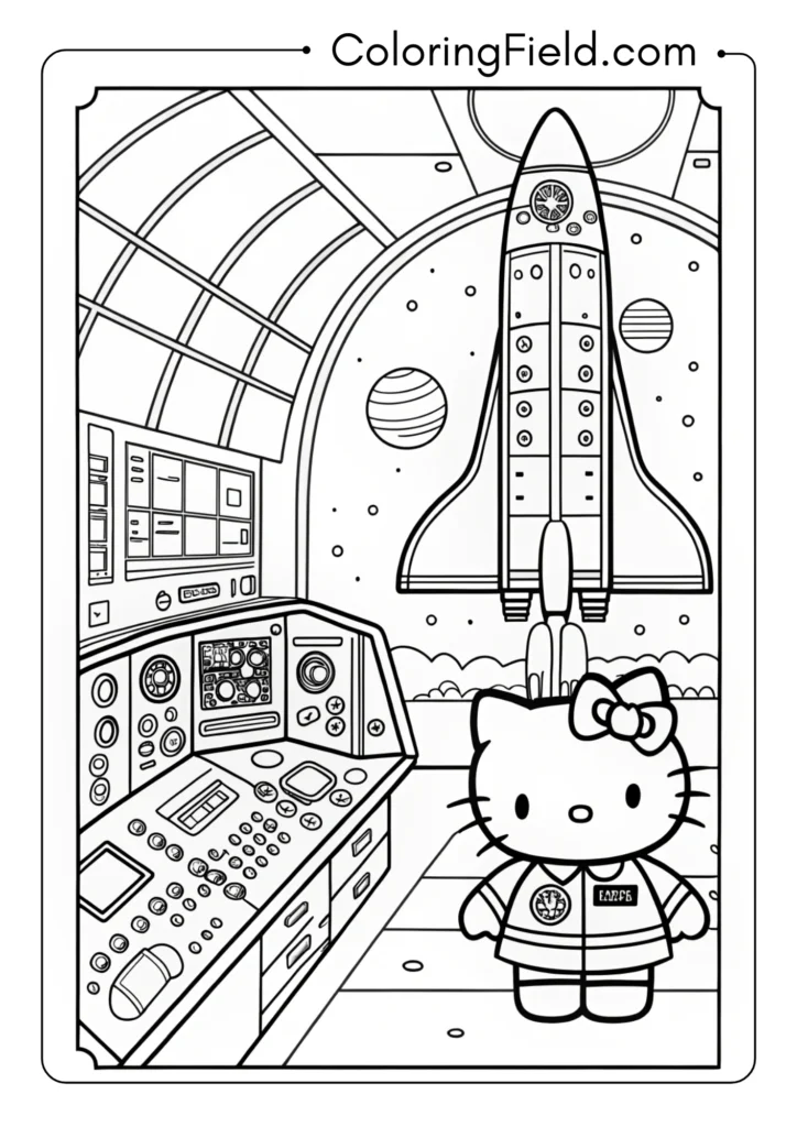Hello Kitty exploring a space shuttle with complex control panels