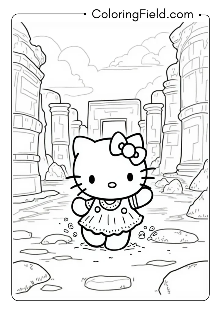 Hello Kitty exploring an ancient temple with archaeological details 