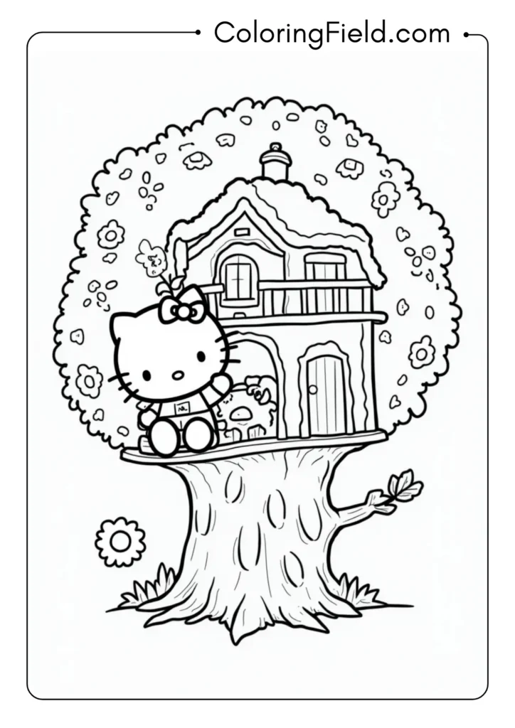 Hello Kitty exploring an elaborate treehouse with multiple levels 